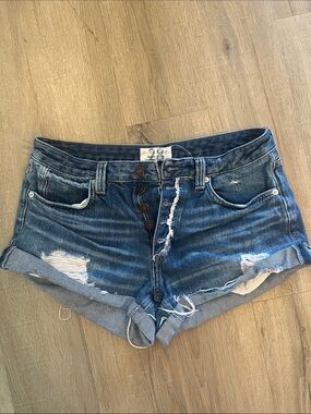 Free People We the Free Romeo Dark Blue Distressed Button-Fly Denim Shorts